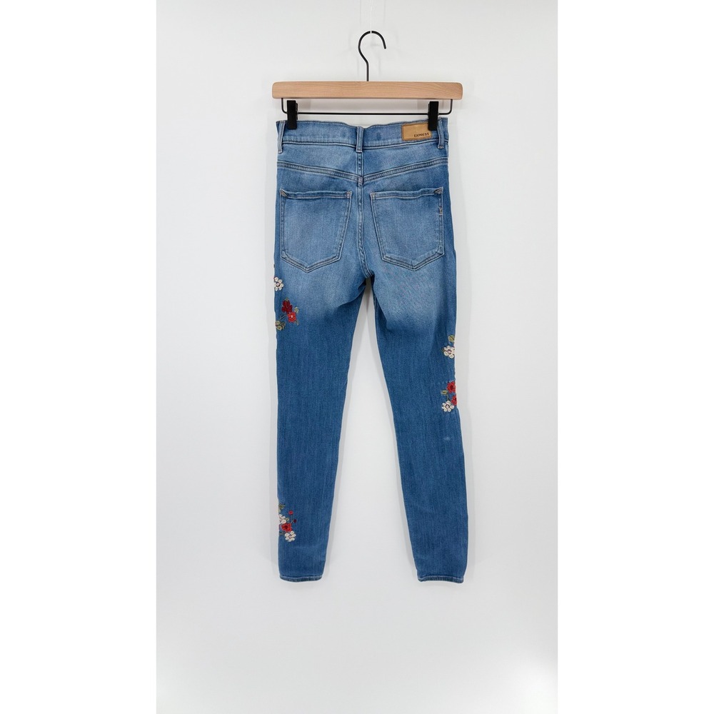 Express High Rise Floral Embroidered Jegging Jeans Medium Wash Stretch Size 0R - Picture 5 of 6